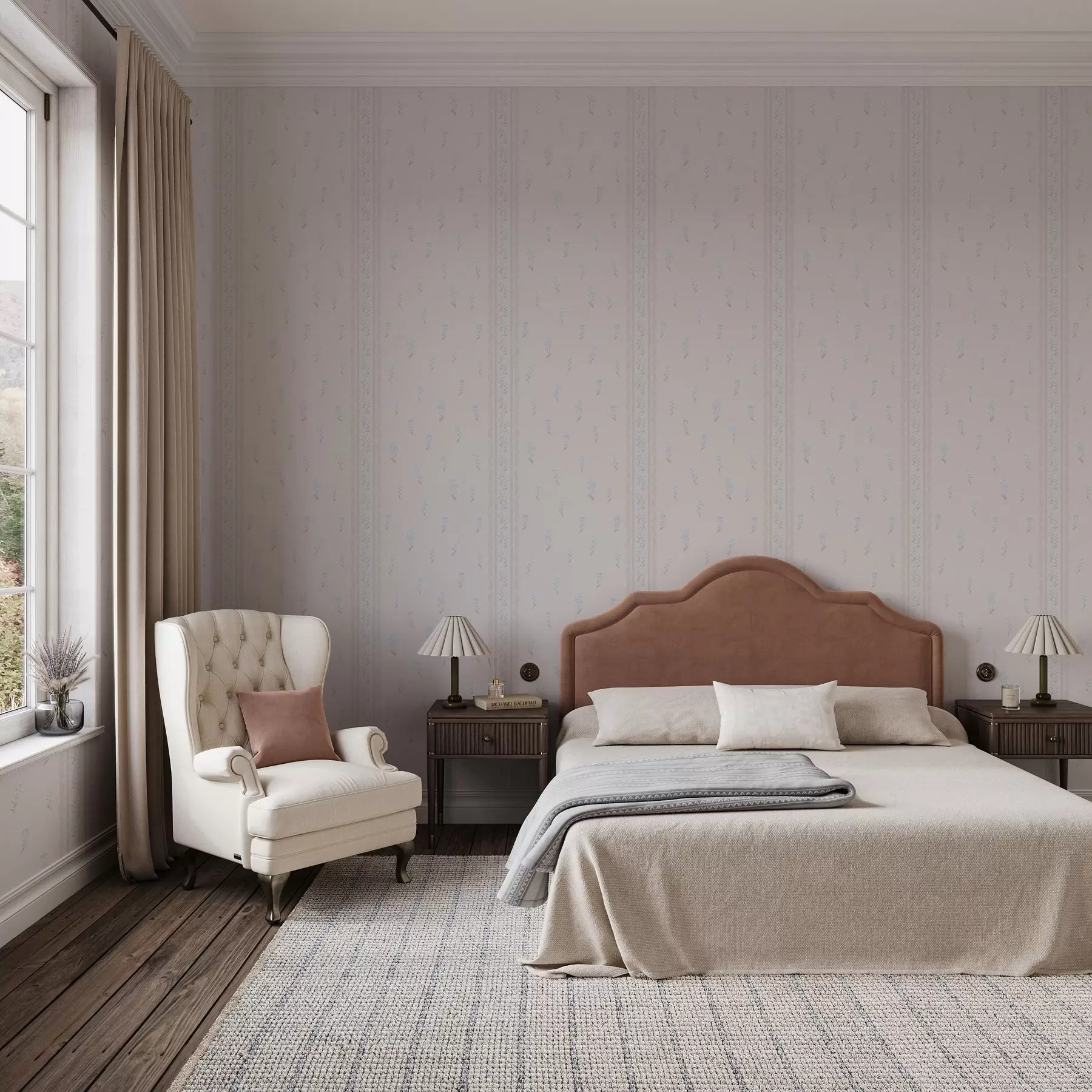 Fototapety Ružové pozadie s jemnými modrými kvetmi a lemom a00484