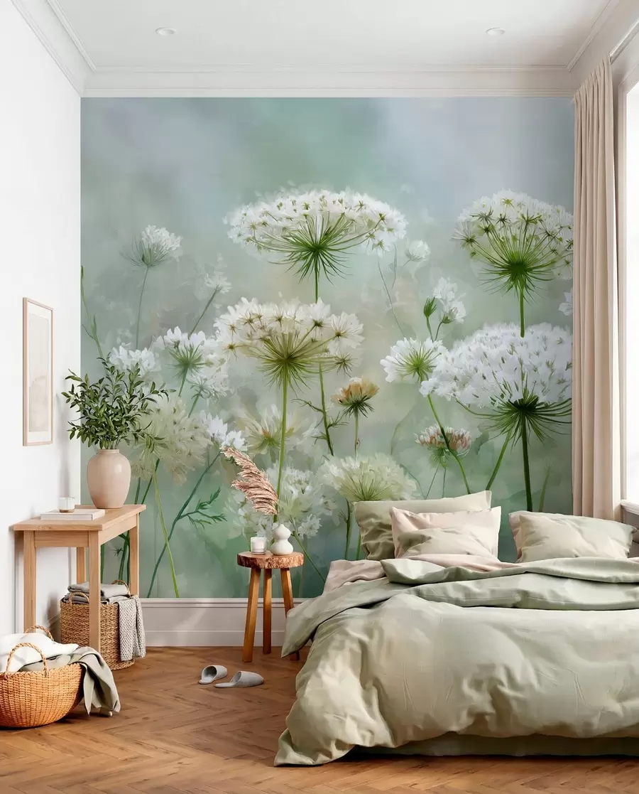 Fototapety jemné biele divoké kvety Queen Anne, v malebnom štýle, zelené tóny w04313