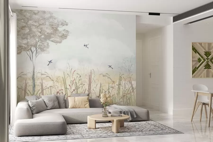 Fototapety Krajina so stromami, vtákmi a lúčnymi trávami w04350