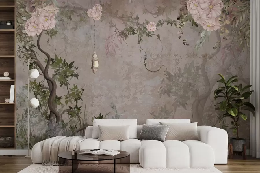 Fototapety Rozprávková záhrada s kvetmi, stromami a lampášom w04416