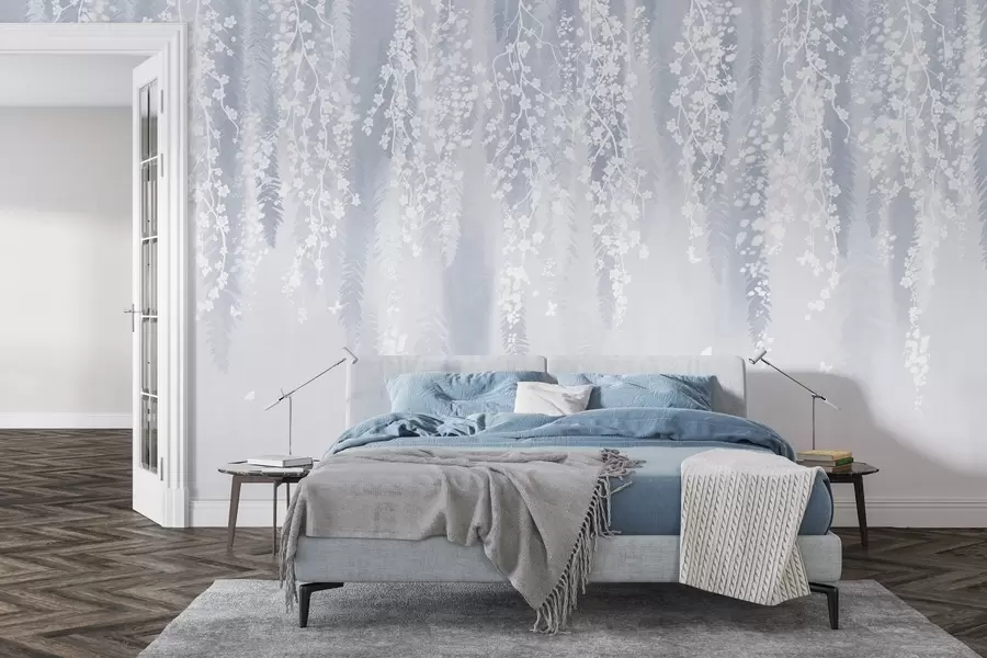 Fototapety Chladná modrá verzia vetiev s bielymi kvetmi w04417v2