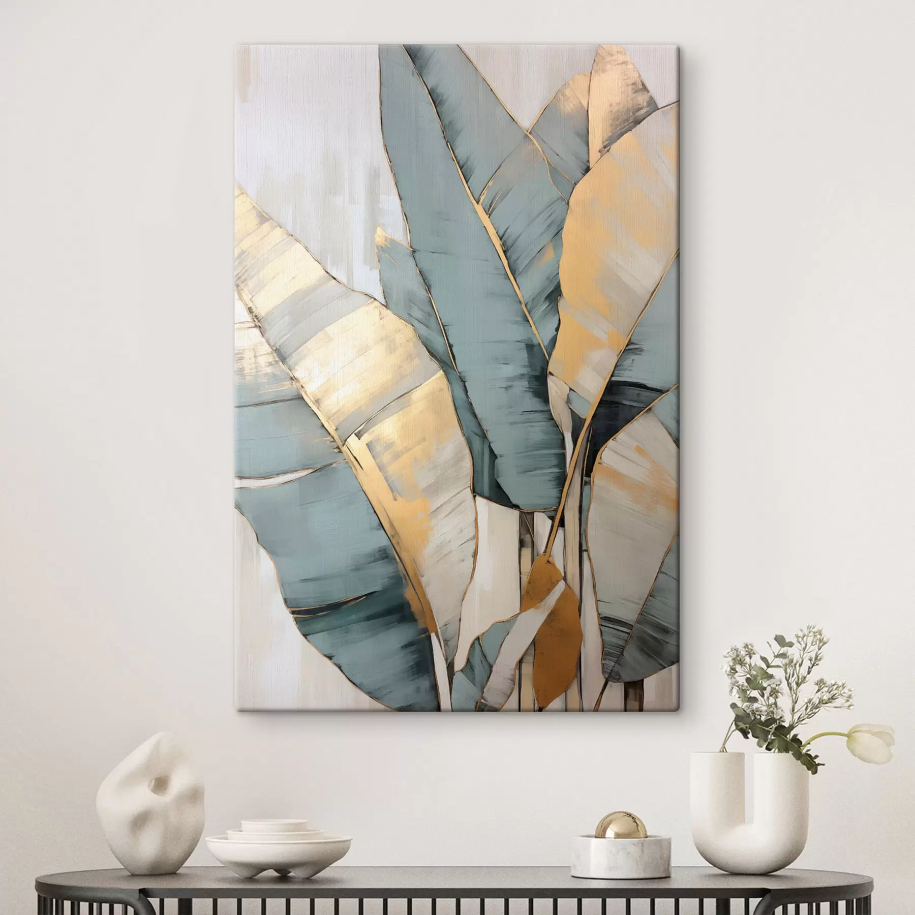 Obraz Tlmené modré, sivé a žlté banánové listy s viditeľnými ťahmi štetca na bielom abstraktnom pozadí s45552