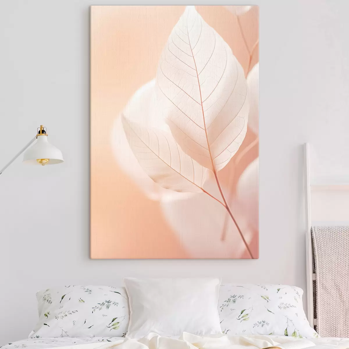 Obraz Jemné, priesvitné listy so zložitými vzormi žiliek, jemné broskyňové pozadie, minimalistická botanická kompozícia s45555