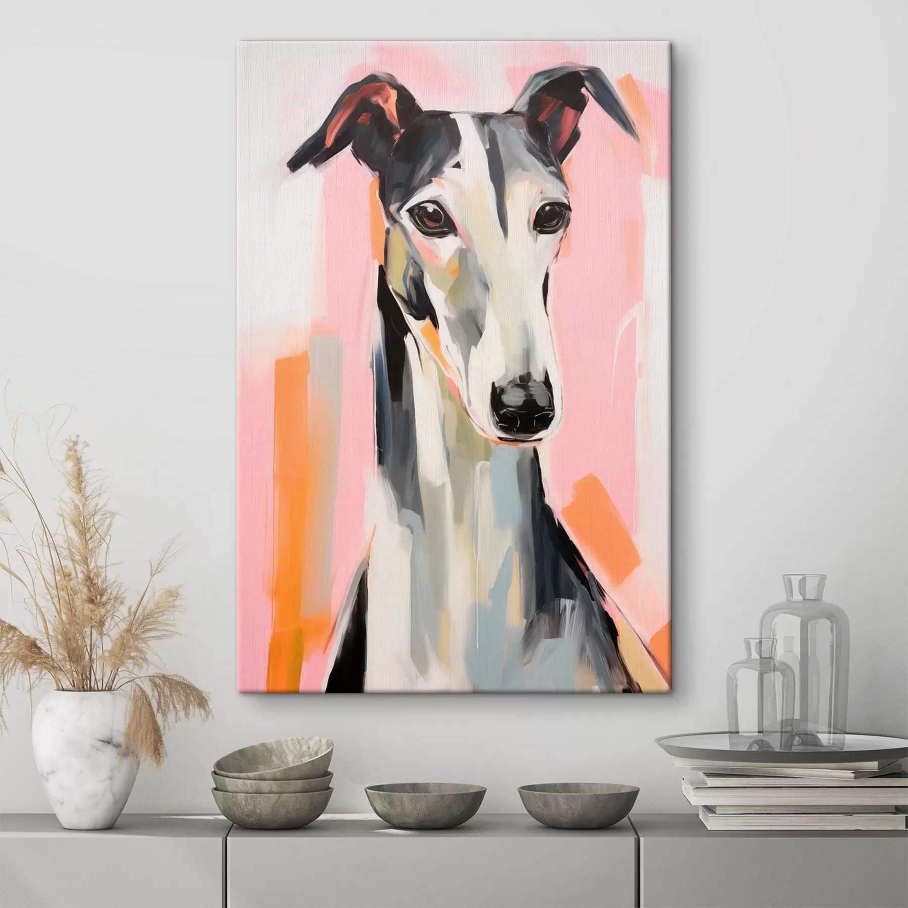 Obraz Chrt na pozadí ružových, oranžových a bielych ťahov štetcom s45566 zakúpiť Slovensko - Uwalls.se Obraz Chrt na pozadí ružových, oranžových a bielych ťahov štetcom s45566