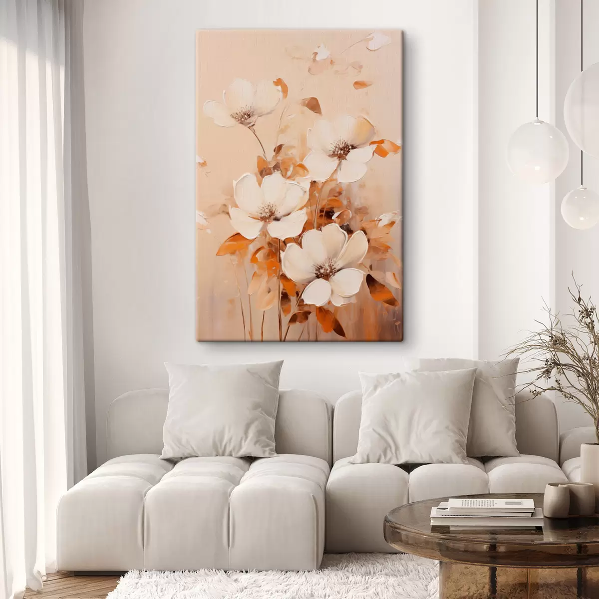 Obraz Biele kvety s oranžovými listami, jemné ťahy štetcom, teplá paleta farieb, elegantné zloženie s45573