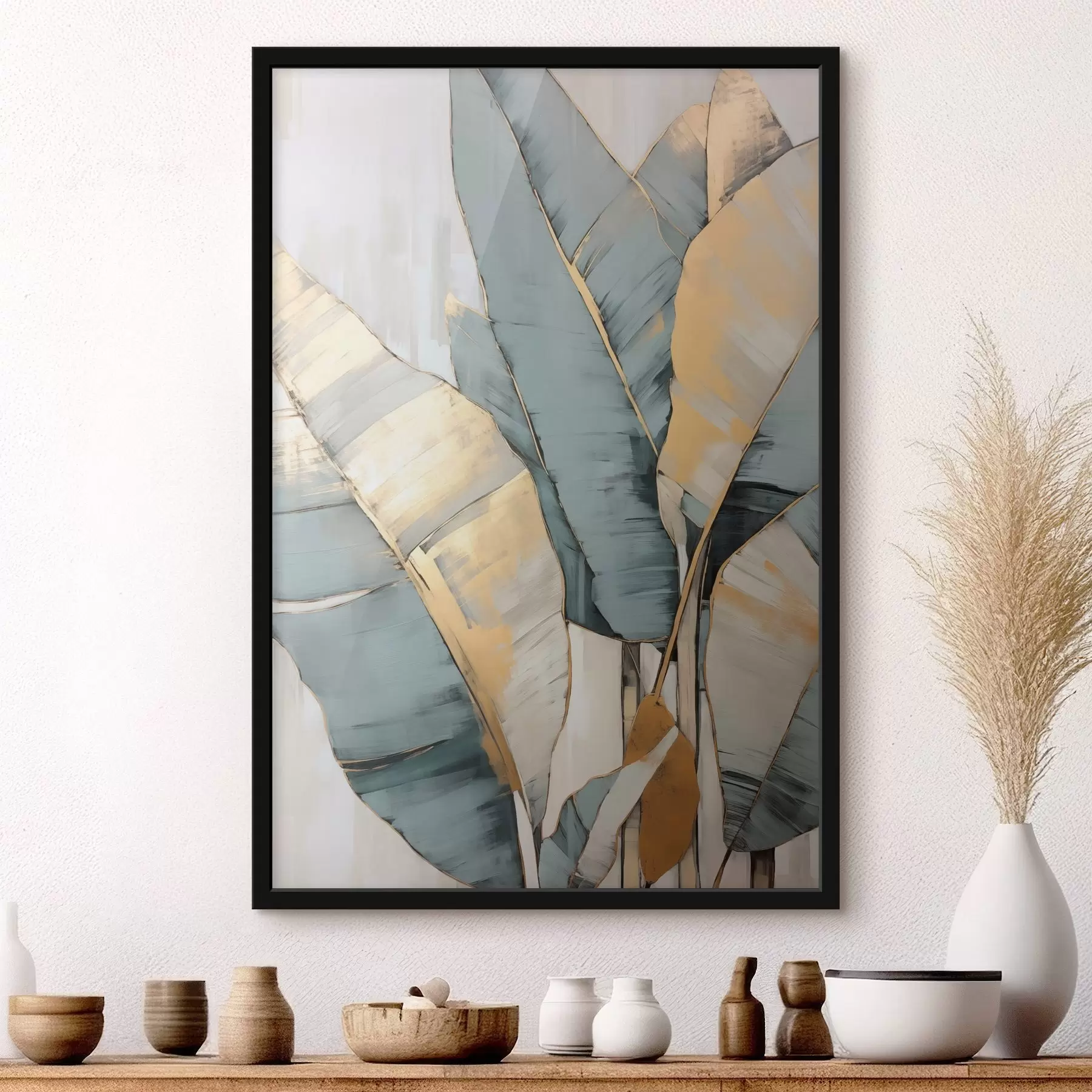 Fototapety Tlmené modré, sivé a žlté banánové listy s viditeľnými ťahmi štetca na bielom abstraktnom pozadí f45552