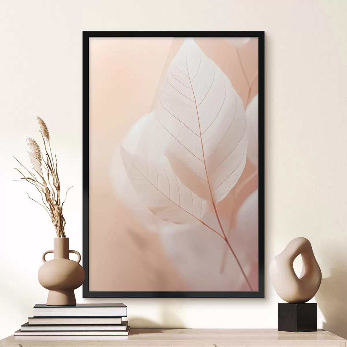 Plagáty Jemné, priesvitné listy so zložitými vzormi žiliek, jemné broskyňové pozadie, minimalistická botanická kompozícia f45555