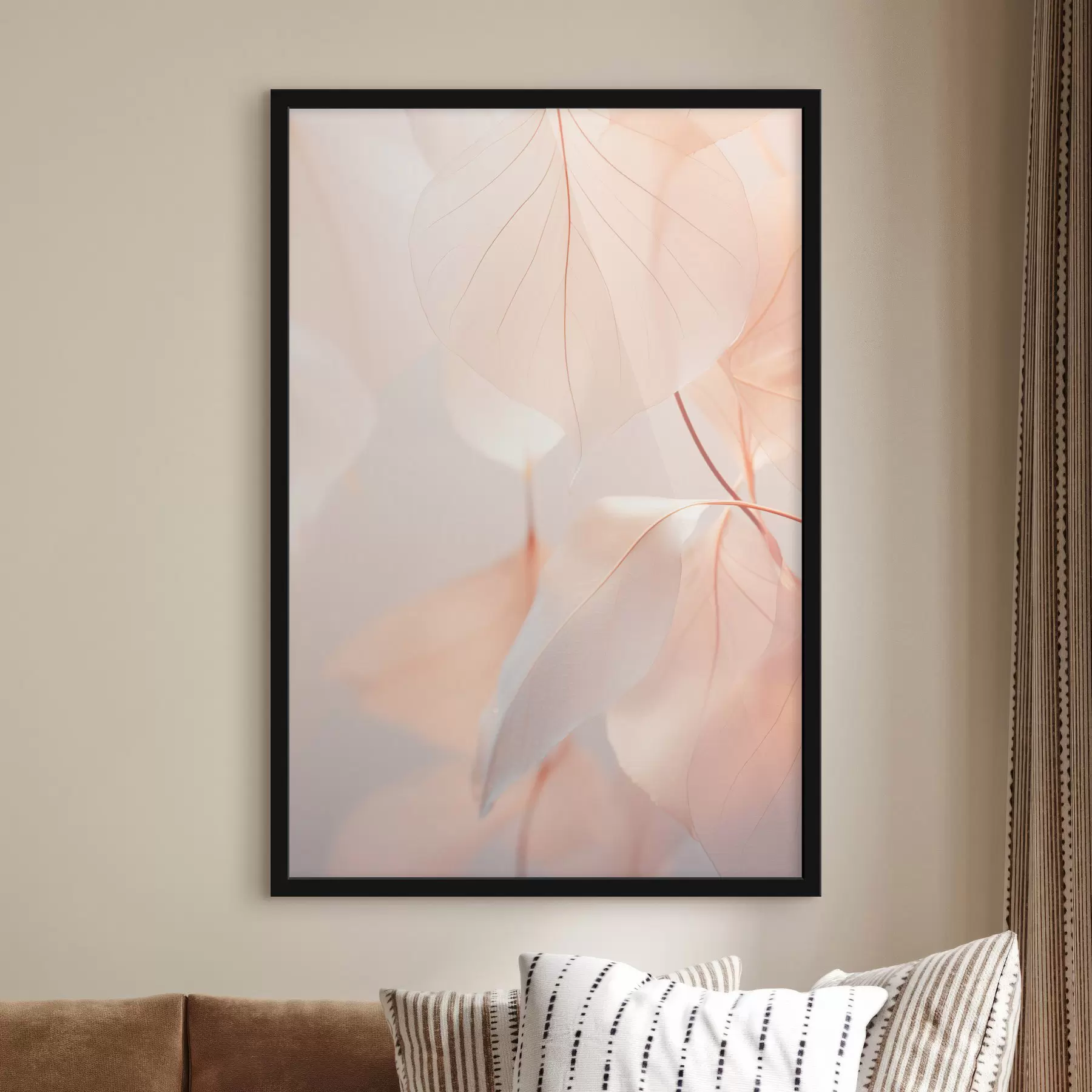 Fototapety Detailný záber na priesvitné listy s jemnými žilkami, jemná broskyňová a biela paleta farieb, rozmazané pozadie f45556