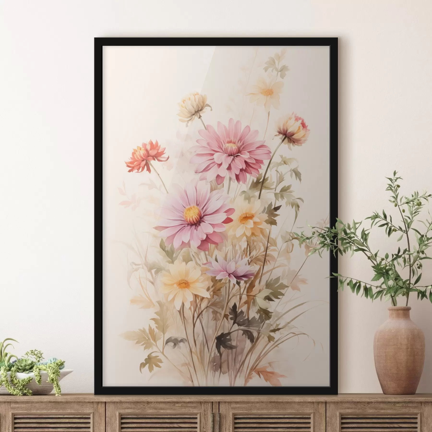 Fototapety Kytica farebných kvetov, jemný akvarelový štýl, na svetlom pozadí, botanická ilustrácia f45560