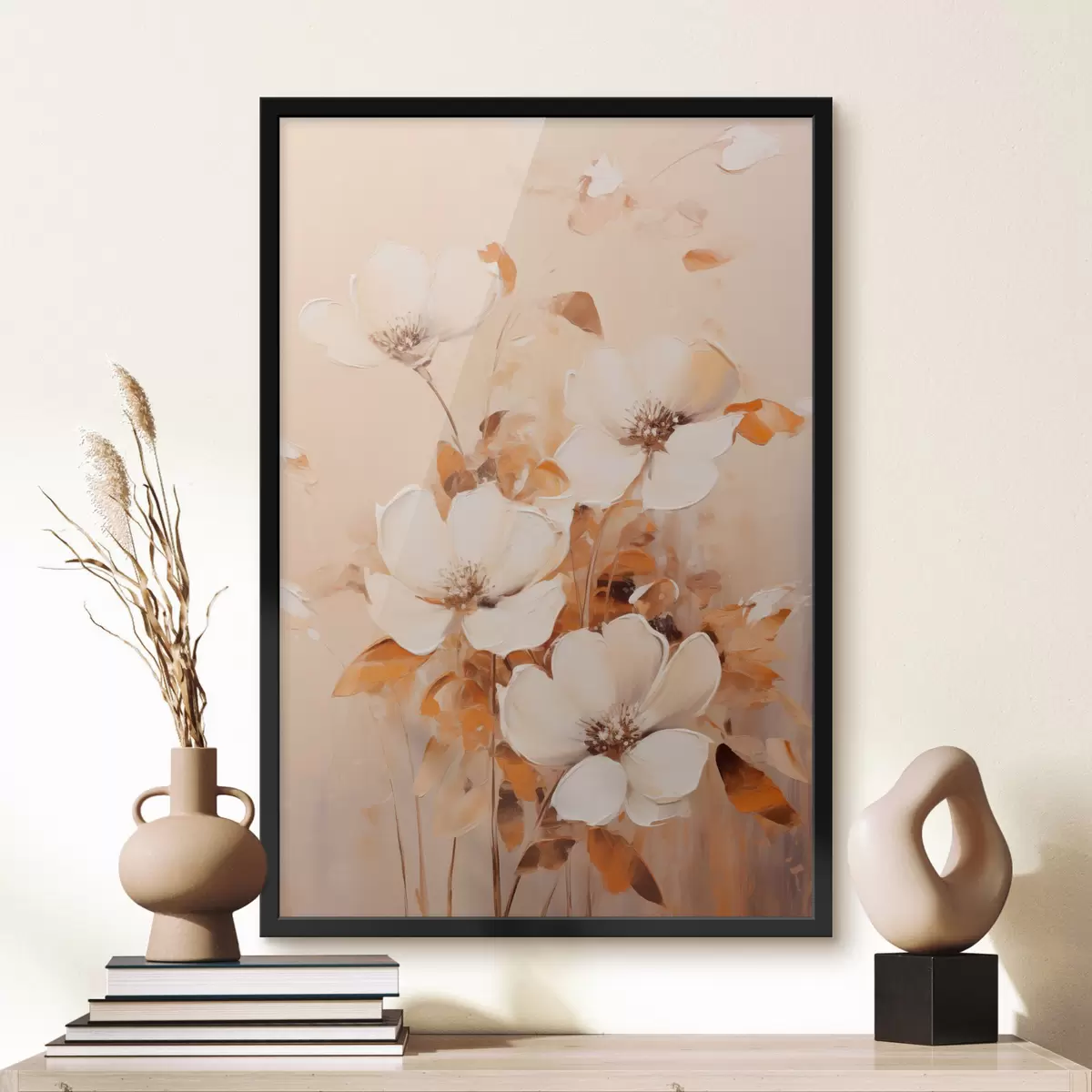 Plagáty Biele kvety s oranžovými listami, jemné ťahy štetcom, teplá paleta farieb, elegantné zloženie f45573