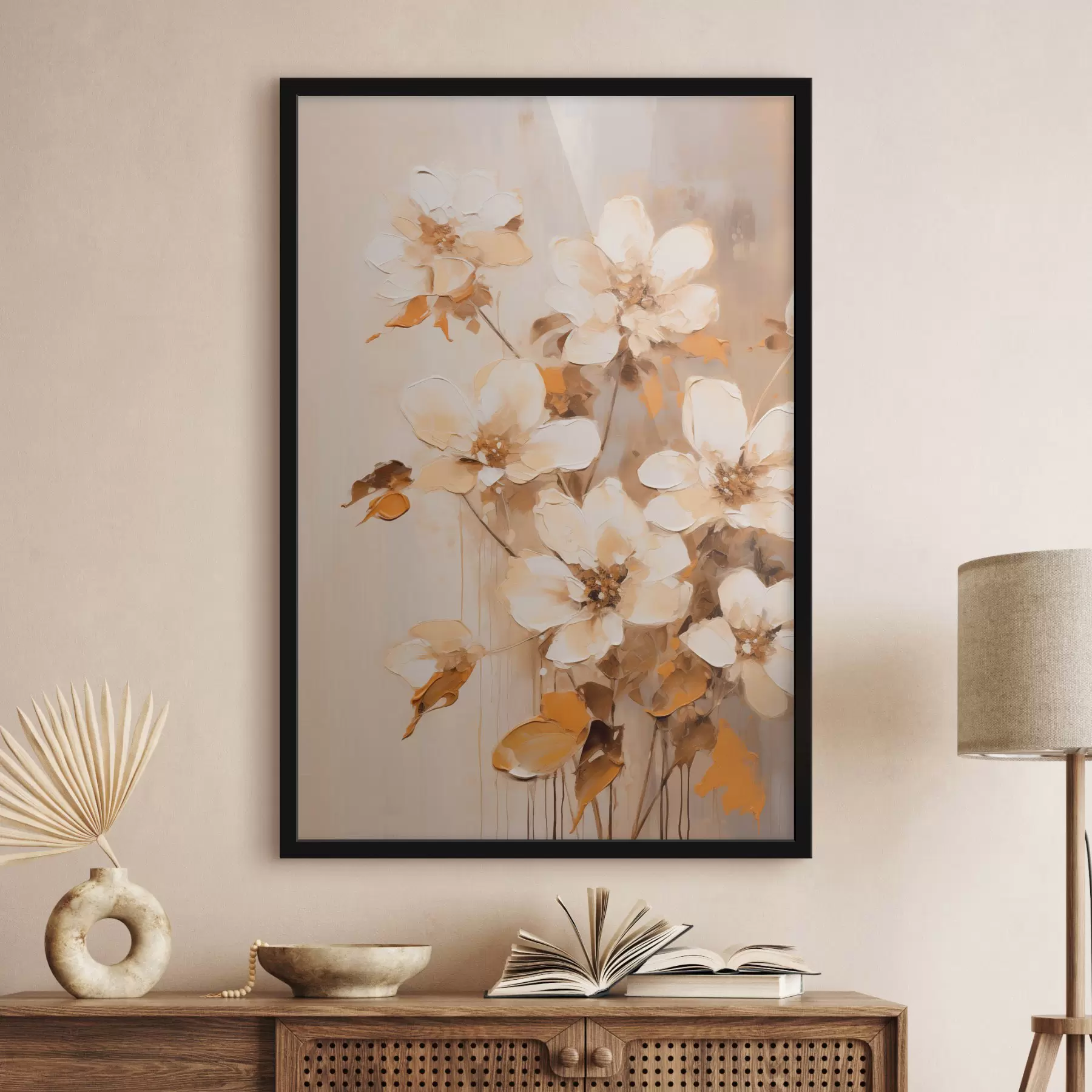 Fototapety Biele kvety s oranžovými listami, jemné ťahy štetcom, kvetinové aranžmá, botanické umenie f45574
