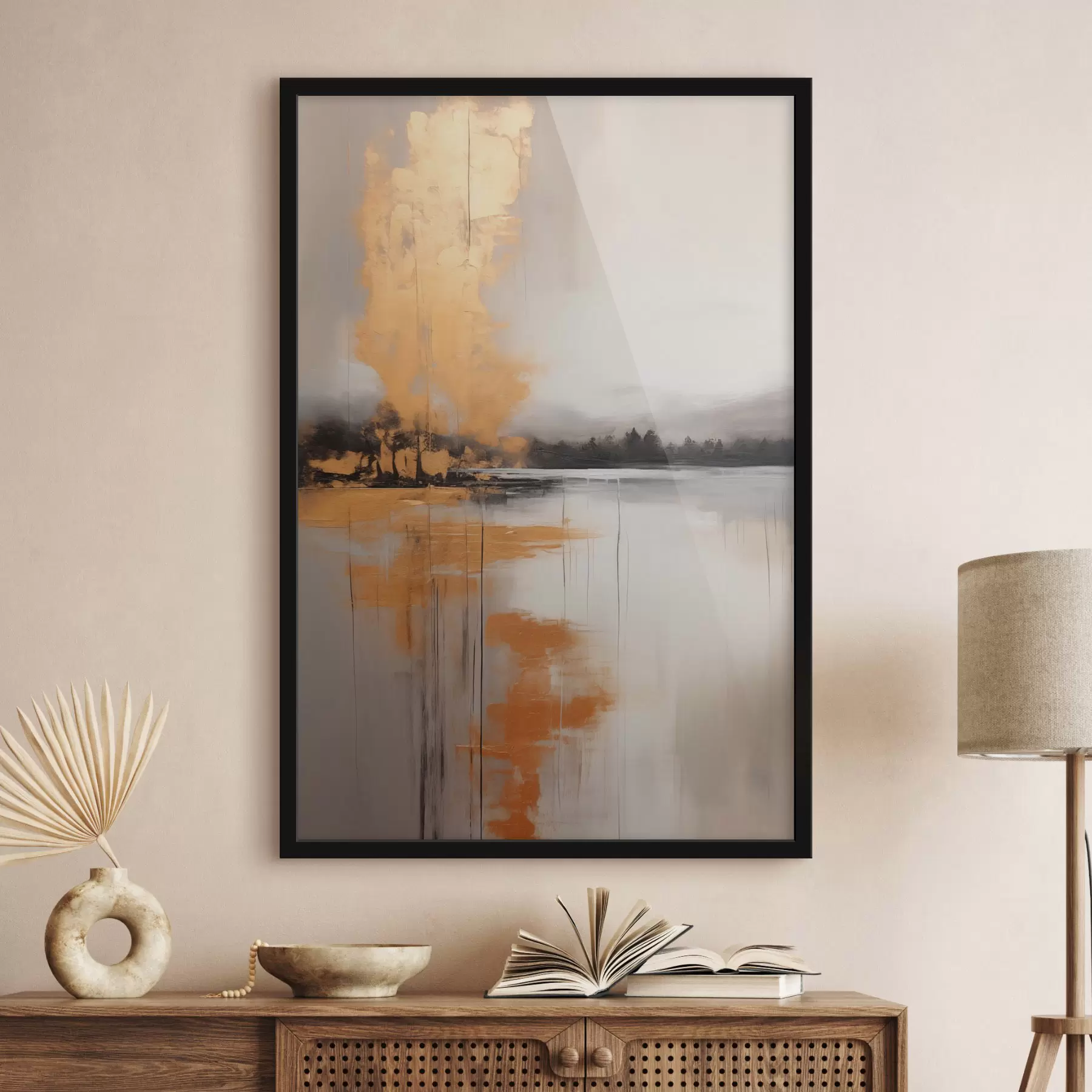 Fototapety Abstraktná krajina s jazerom, stromom a žltou hmlou , voda sa odráža a zamračená obloha f45575