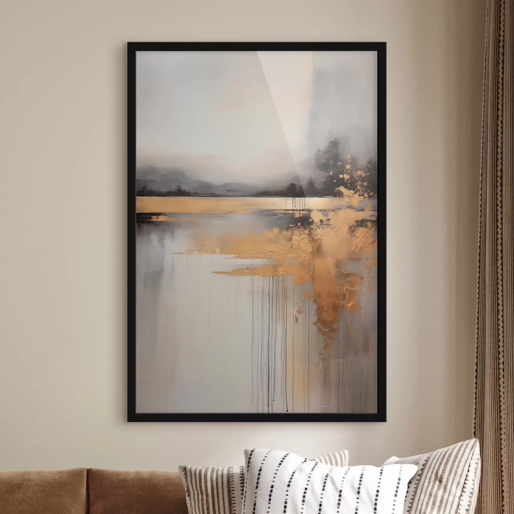 Fototapety Abstraktná krajina s textúrou, riekou a tmavými stromami v pozadí, zamračená obloha f45576