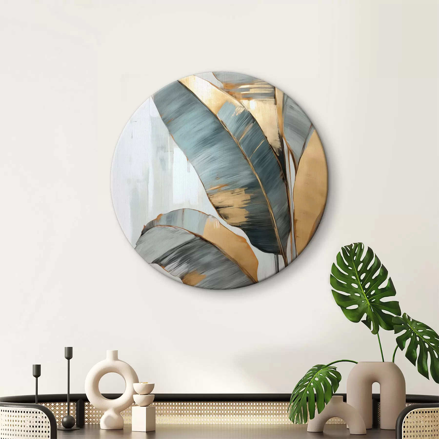 Obraz Súbor tlmených modrých, sivých a žltých banánových listov s viditeľnými ťahmi štetca na bielom abstraktnom pozadí r45551