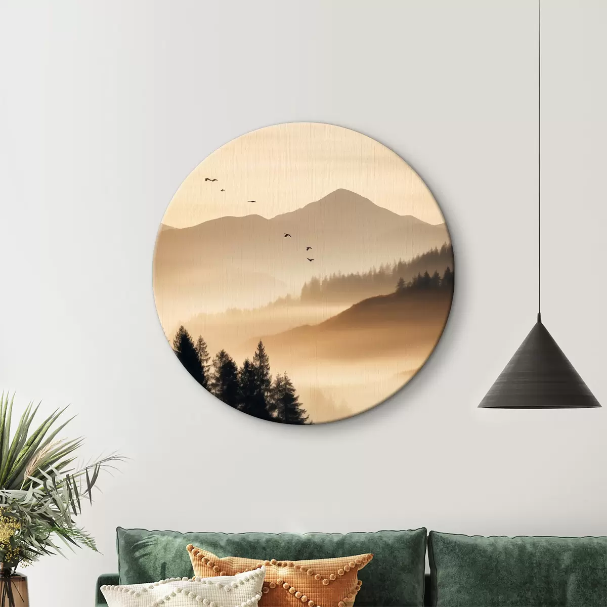 Okrúhle obrazy Horská krajina s lesom a vtákmi lietajúcimi na oblohe , všetko pokryté hustou vrstvou hmly počas východu slnka r45563 Okrúhle obrazy Horská krajina s lesom a vtákmi lietajúcimi na oblohe , všetko pokryté hustou vrstvou hmly počas východu slnka r45563