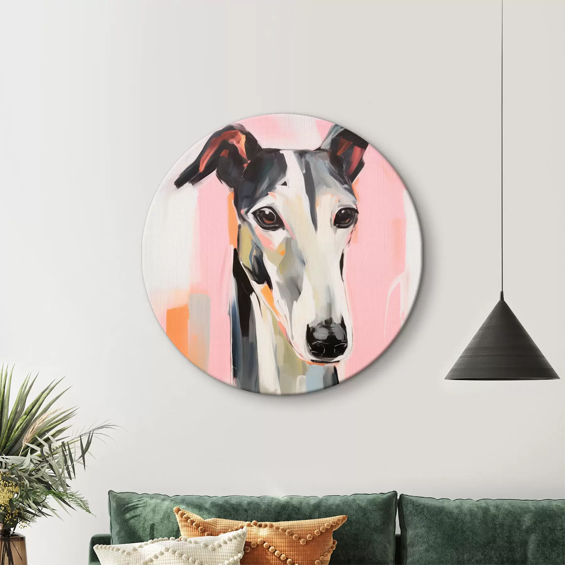 Obraz Chrt na pozadí ružových, oranžových a bielych ťahov štetcom r45566