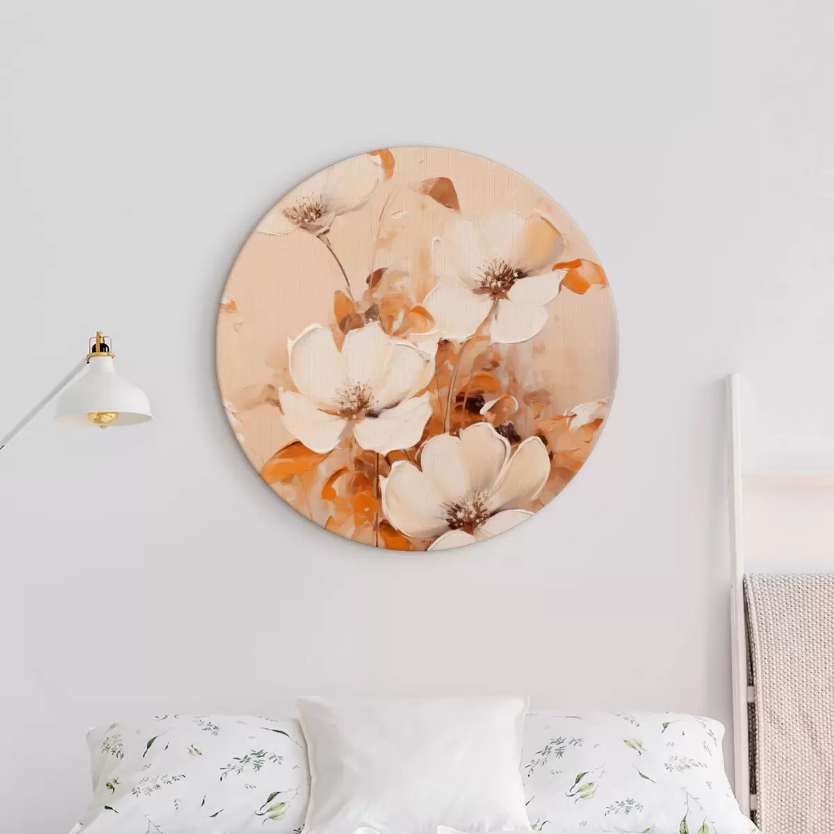 Okrúhle obrazy Biele kvety s oranžovými listami, jemné ťahy štetcom, teplá paleta farieb, elegantné zloženie r45573