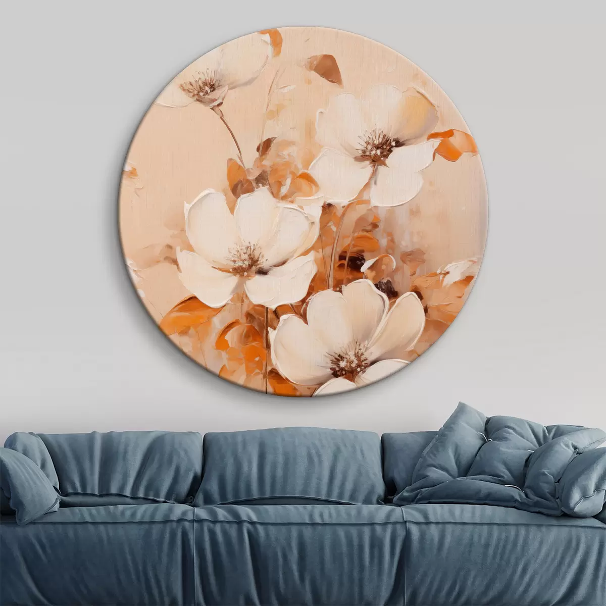 Okrúhle obrazy Biele kvety s oranžovými listami, jemné ťahy štetcom, teplá paleta farieb, elegantné zloženie r45573