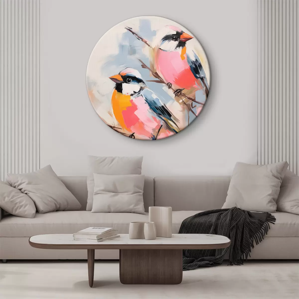 Okrúhle obrazy Farebné vtáky sediace na konári na jemnom pastelovom pozadí r45578 Okrúhle obrazy Farebné vtáky sediace na konári na jemnom pastelovom pozadí r45578