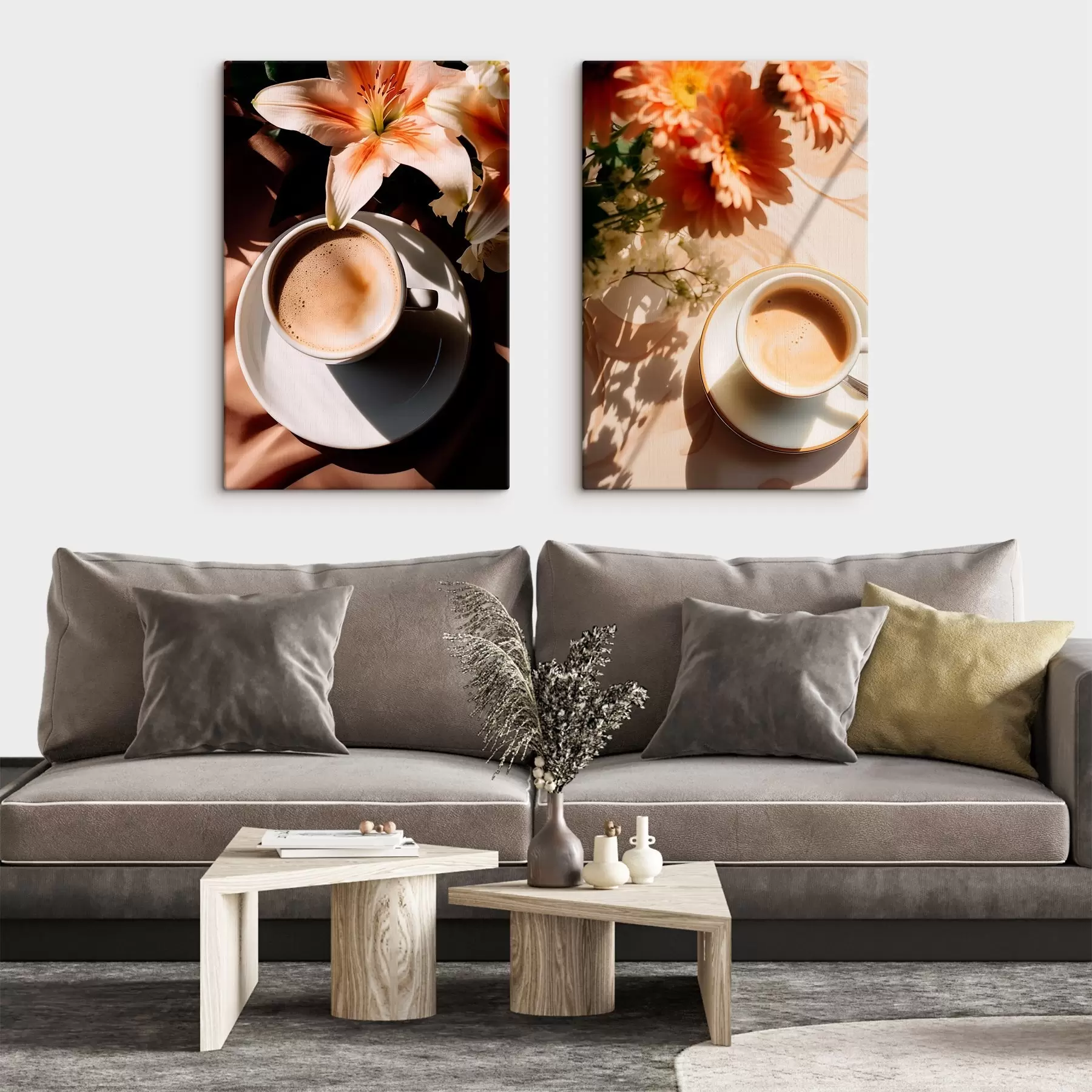 Obraz Šálka kávy s penou na bielom tanieri, kvety v pozadí, slnečné svetlo m00654