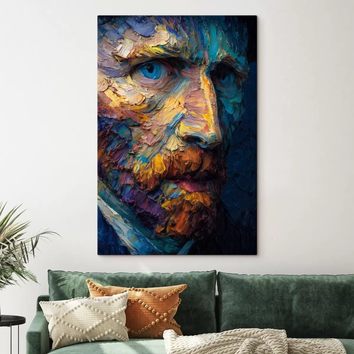 Obraz Dekoratívny portrét Van Gogha: reliéfna maľba v modrých a oranžových tónoch s45546