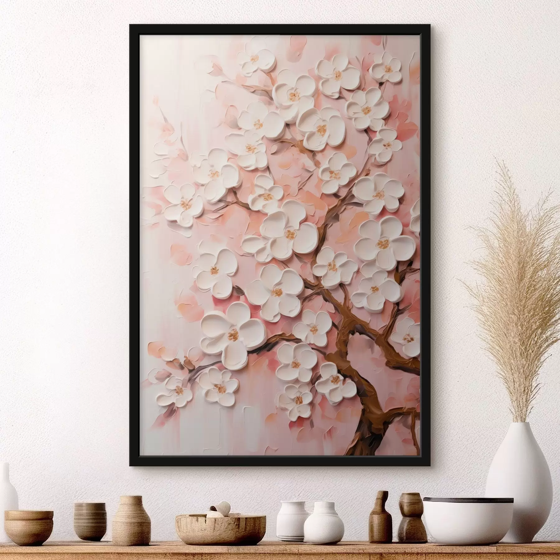 Fototapety Kvitnúca vetva: reliéfna kompozícia v svetloružových tónoch f45543