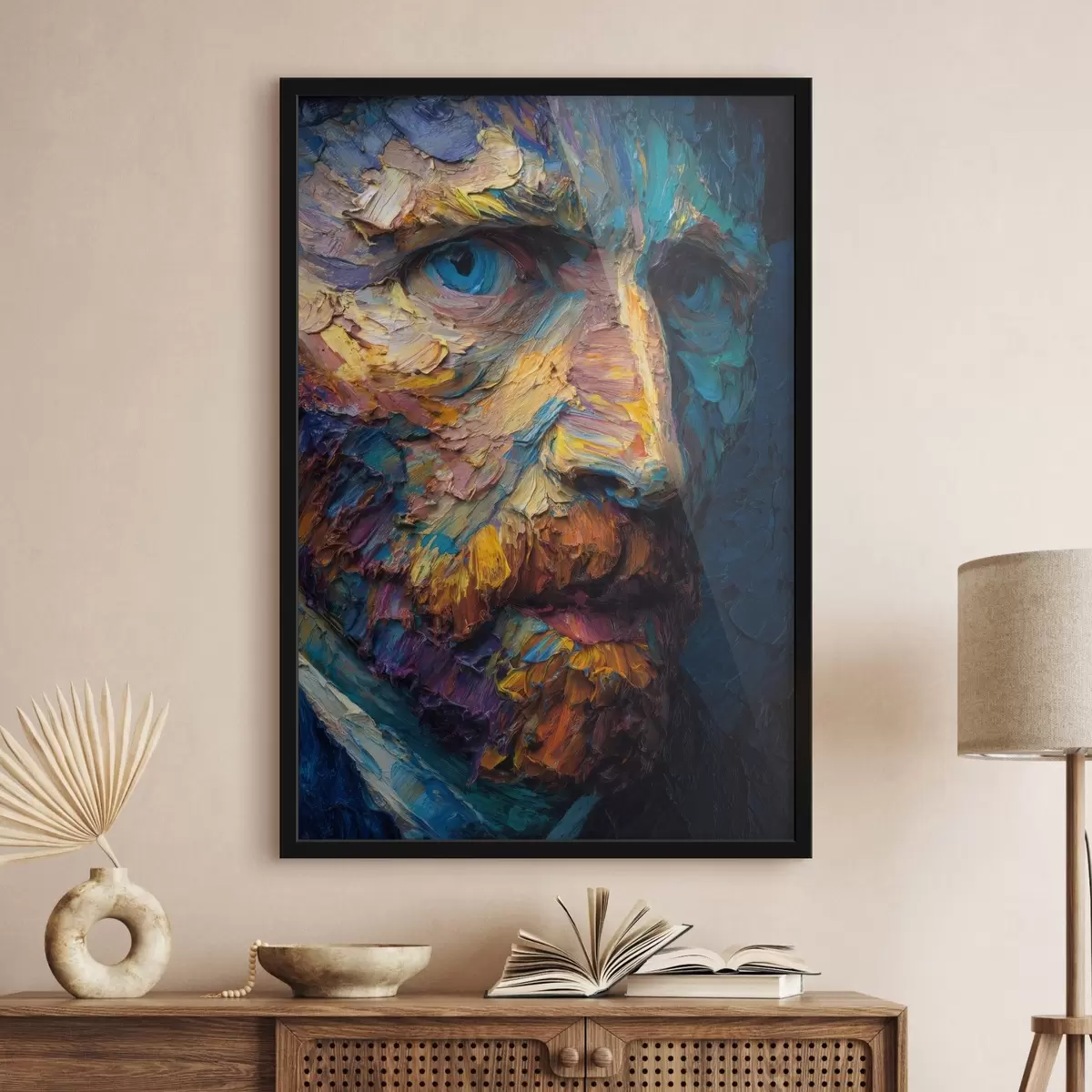 Plagáty Dekoratívny portrét Van Gogha: reliéfna maľba v modrých a oranžových tónoch f45546
