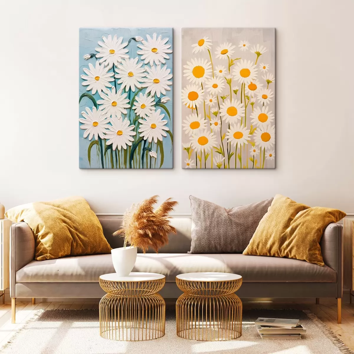 Obraz Jarná sviežosť: diptych s objemnými sedmokráskami v štýle impasto m00633