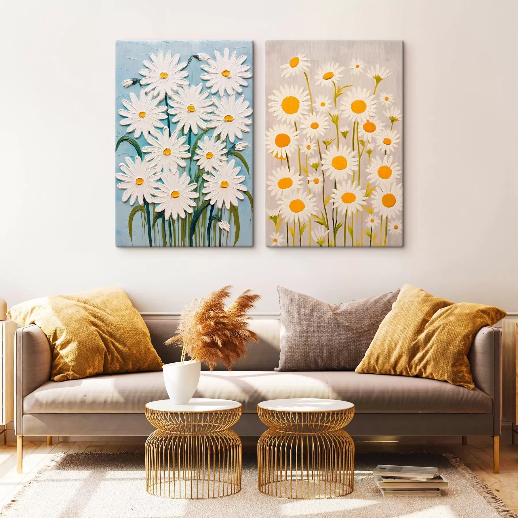 Obraz Jarná sviežosť: diptych s objemnými sedmokráskami v štýle impasto m00633