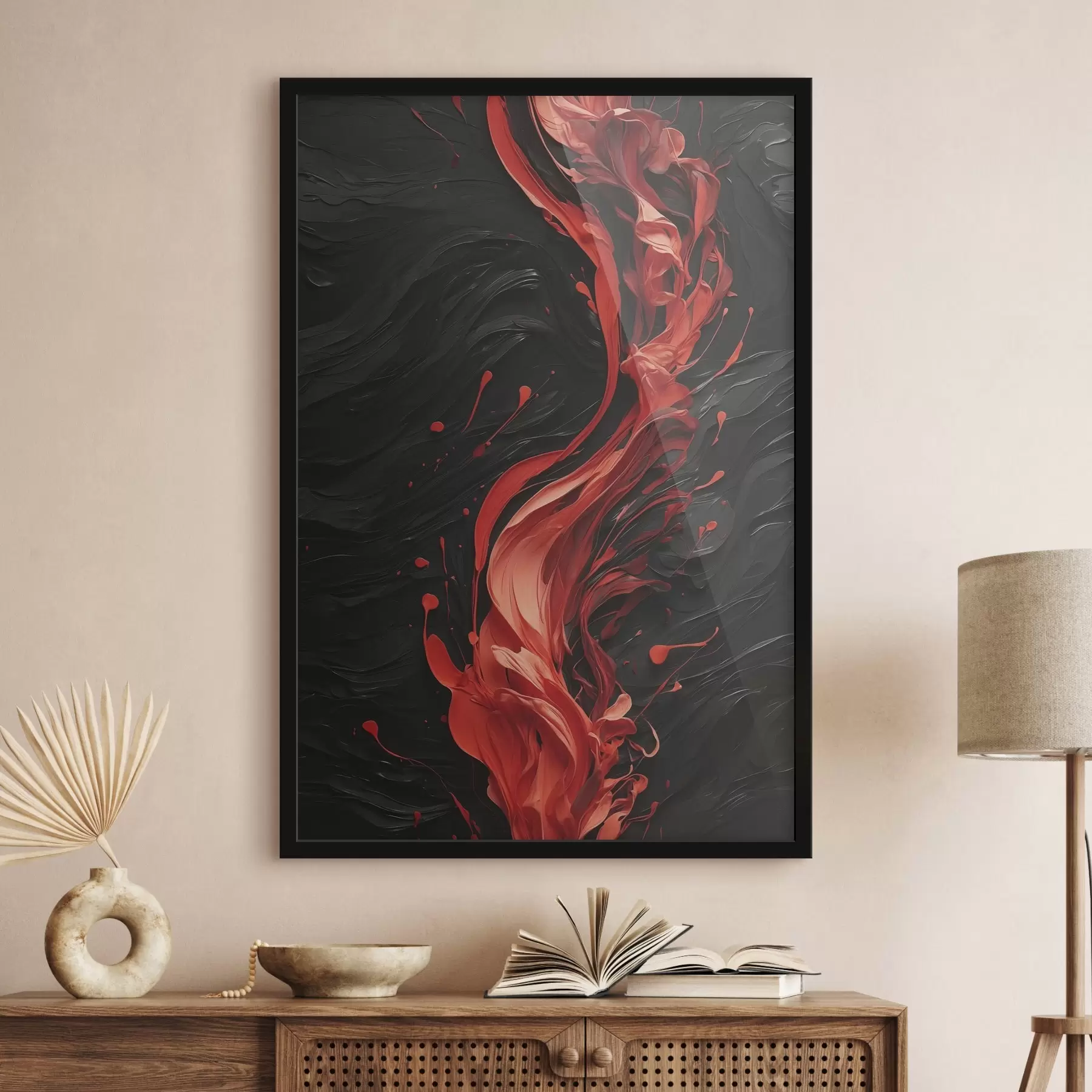 Fototapety Abstraktné s červenými ťahmi štetca na čiernom pozadí f45490