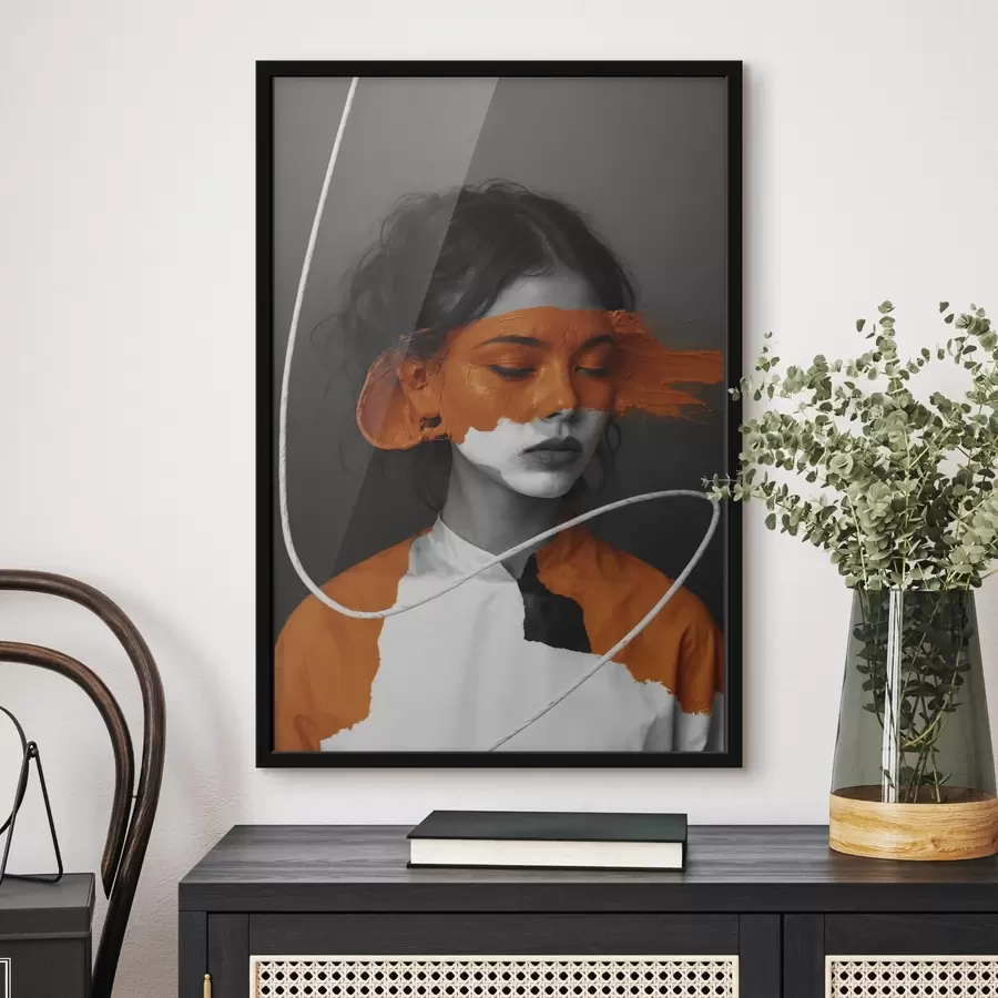 Fototapety Portrét dievčaťa s abstraktným oranžovým obrazom f45495