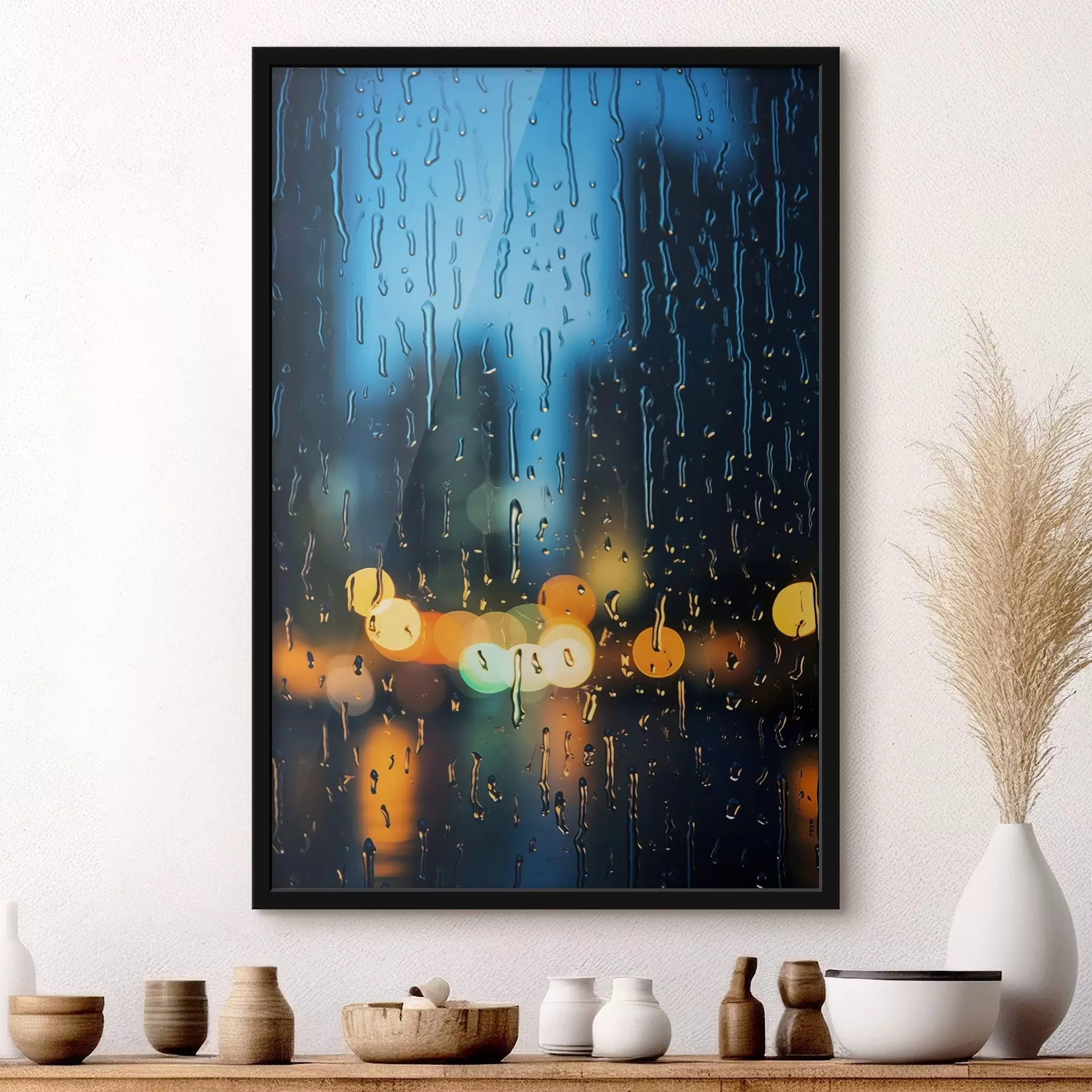 Fototapety Kvapky dažďa na okne s nočnými svetlami f45500