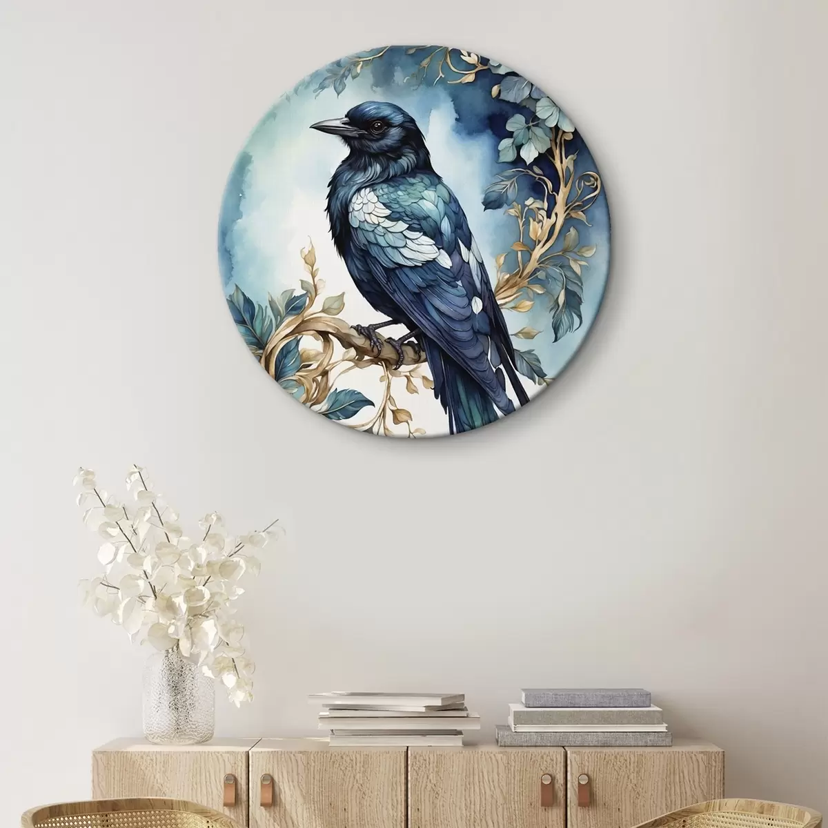 Okrúhle obrazy Modrý vták na vetve s akvarelovými listami r45483 Okrúhle obrazy Modrý vták na vetve s akvarelovými listami r45483