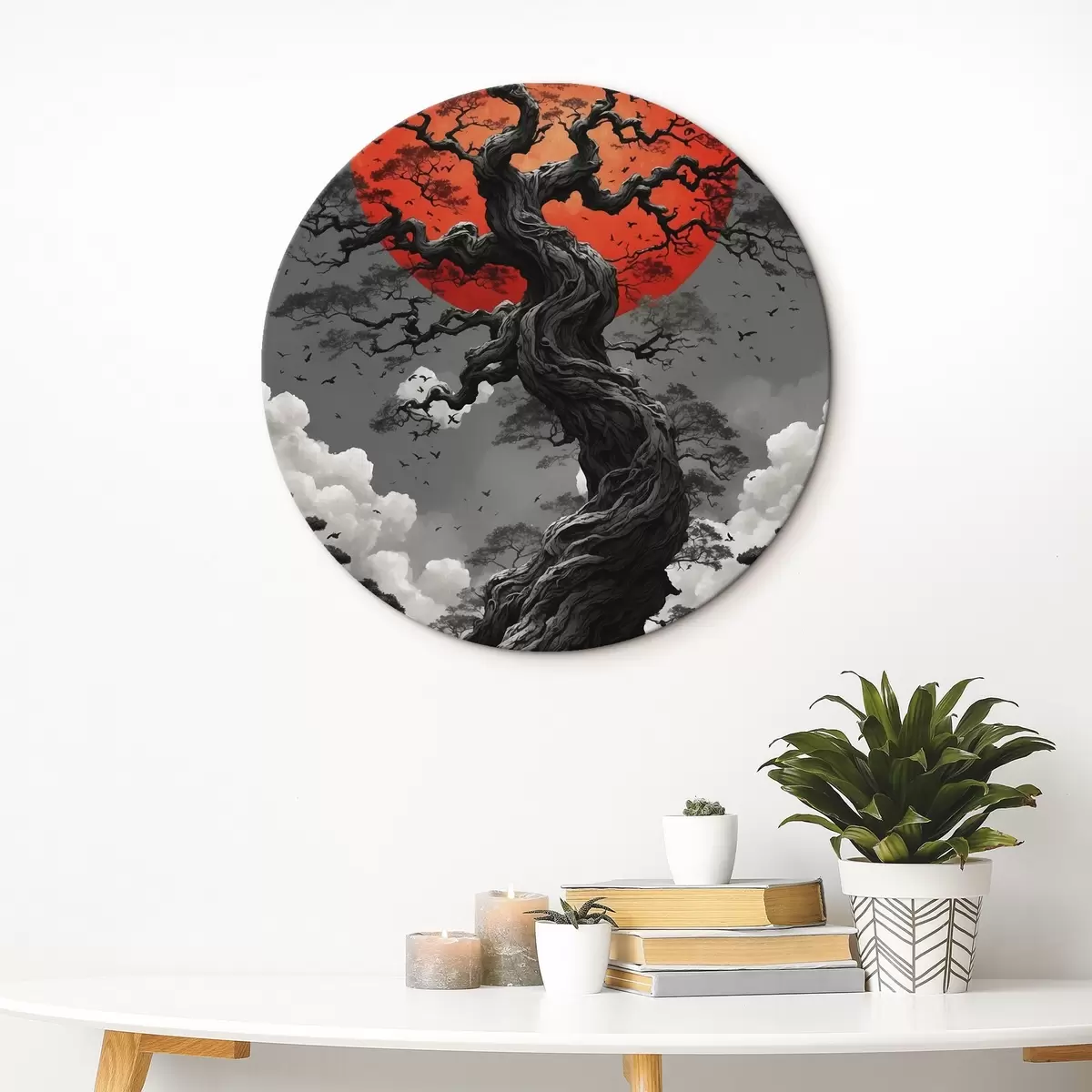 Okrúhle obrazy Strom a červené slnko r45485 Okrúhle obrazy Strom a červené slnko r45485