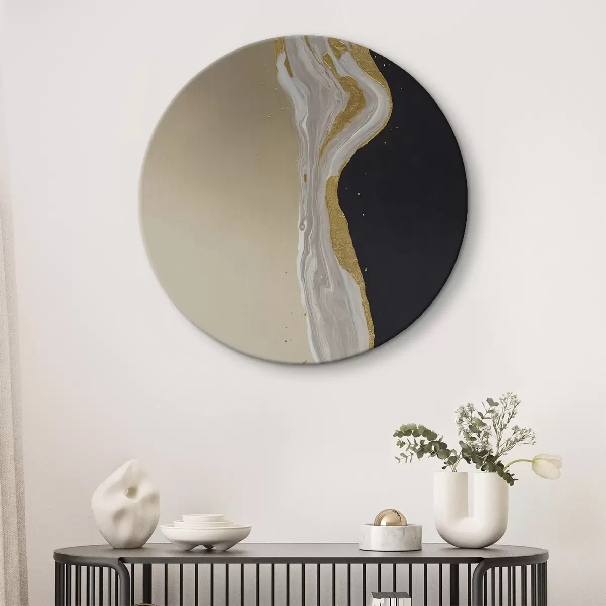 Okrúhle obrazy Krémové kvety pivonky na zelenom pozadí r45494