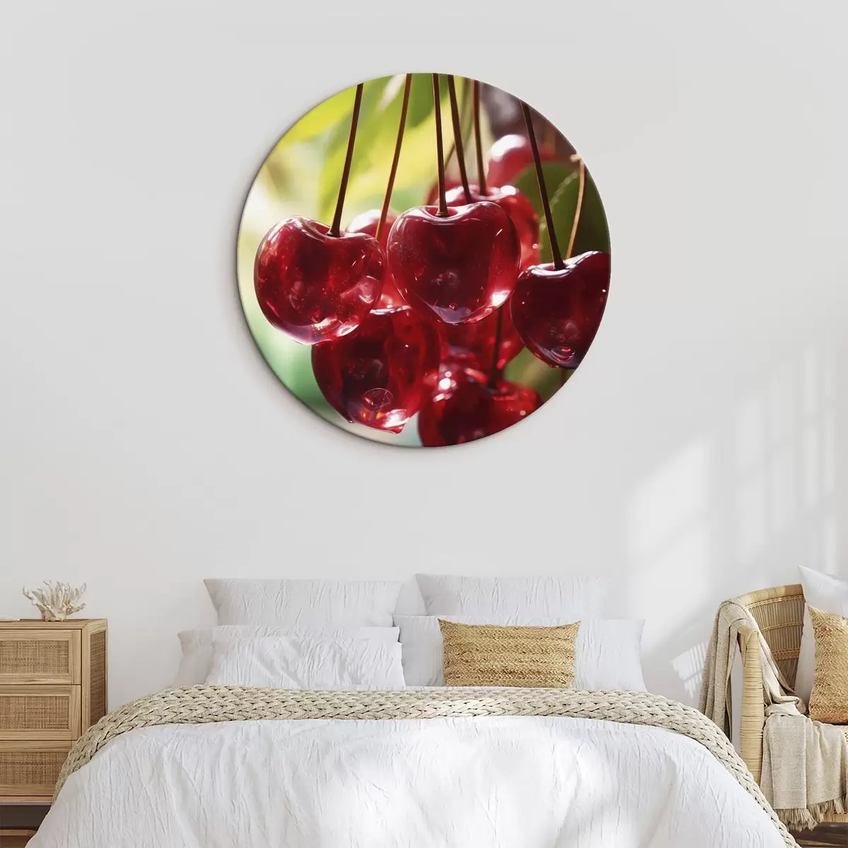 Okrúhle obrazy Jasne červené čerešne na slnku r45498