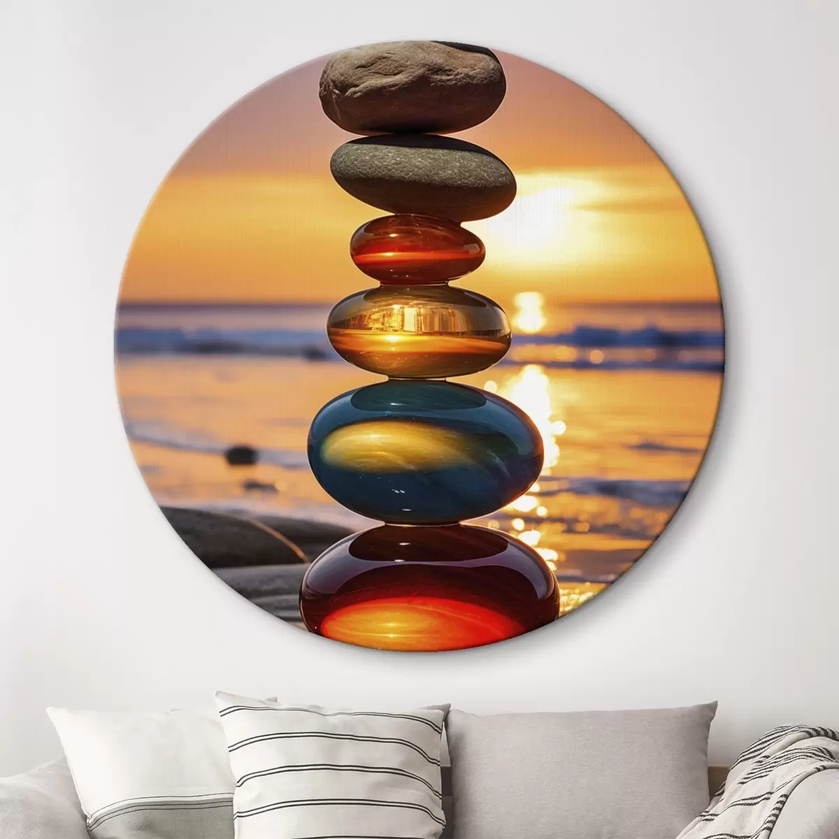 Okrúhle obrazy Hromady kameňov na pozadí západu slnka r45520 Okrúhle obrazy Hromady kameňov na pozadí západu slnka r45520
