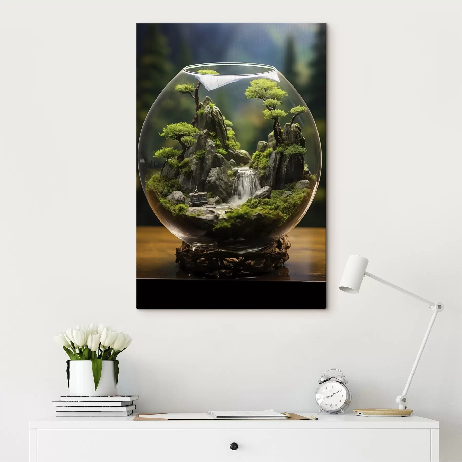 Obraz Miniatúrna krajina s vodopádom v sklenenej guli s45502