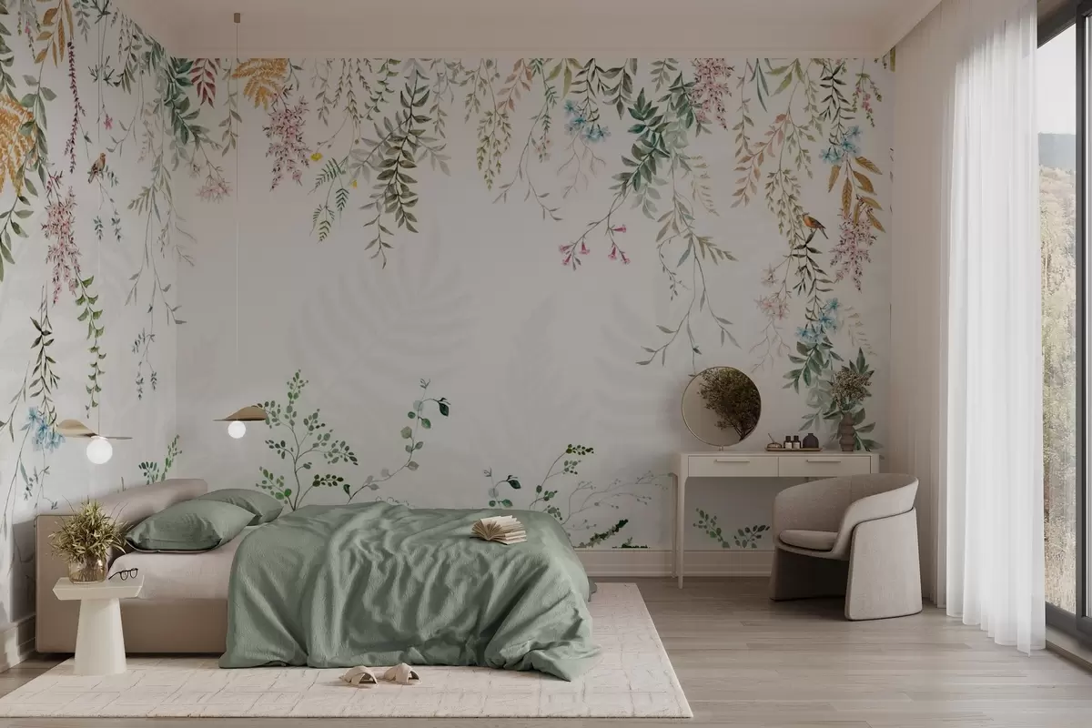 Fototapety Botanická ilustrácia s papradím, trávou a visiacimi rastlinami, pastelové tóny, na bielom pozadí akvarelový textúrovaný štýl w09364