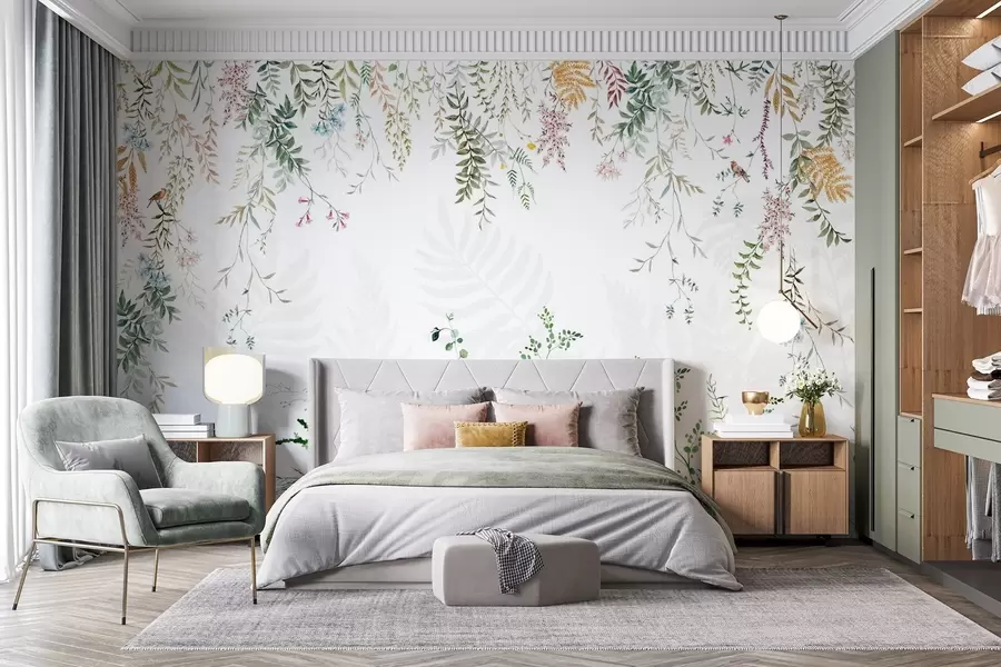 Fototapety Botanická ilustrácia s papradím, trávou a visiacimi rastlinami, pastelové tóny, na bielom pozadí akvarelový textúrovaný štýl w09364