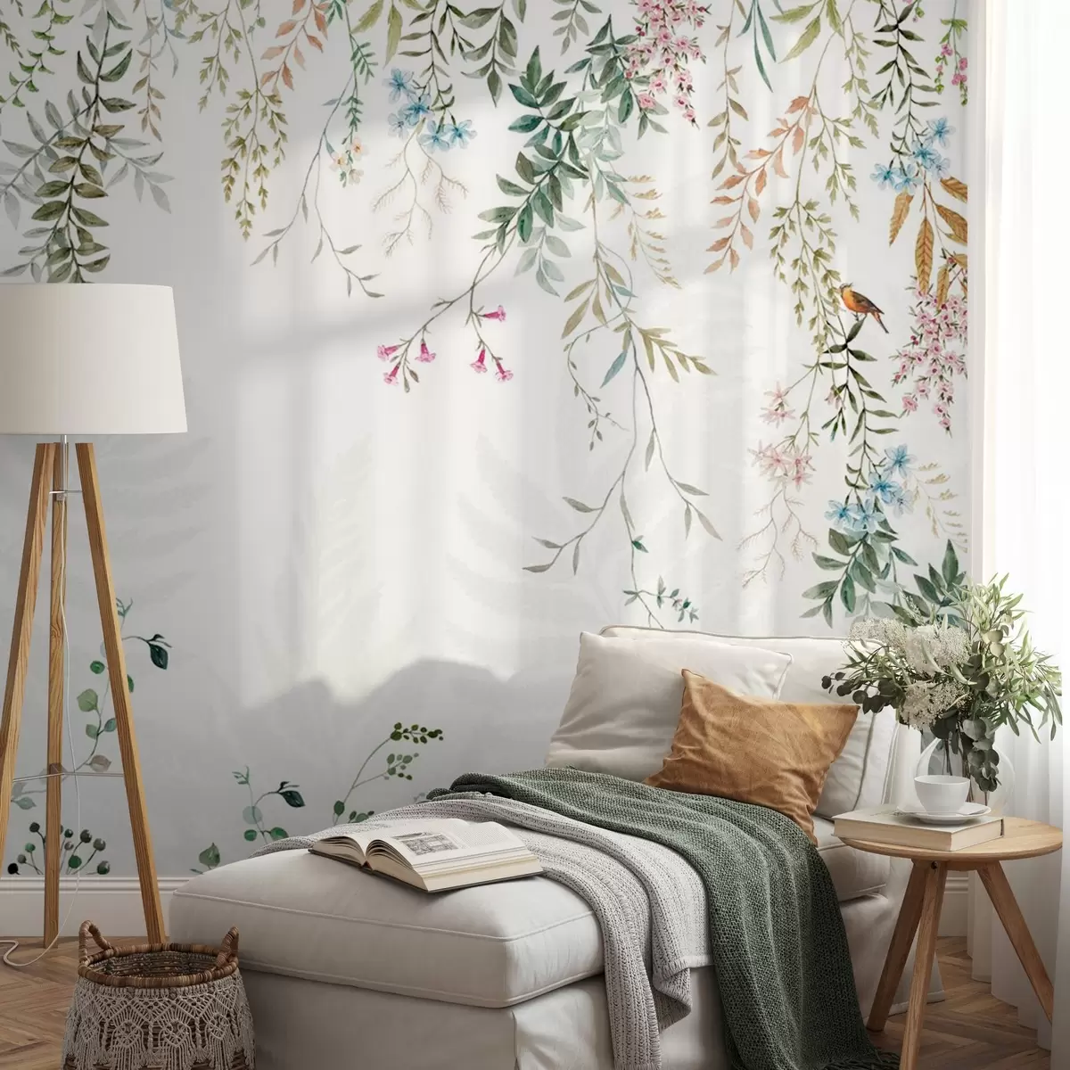 Fototapety Botanická ilustrácia s papradím, trávou a visiacimi rastlinami, pastelové tóny, na bielom pozadí akvarelový textúrovaný štýl w09364
