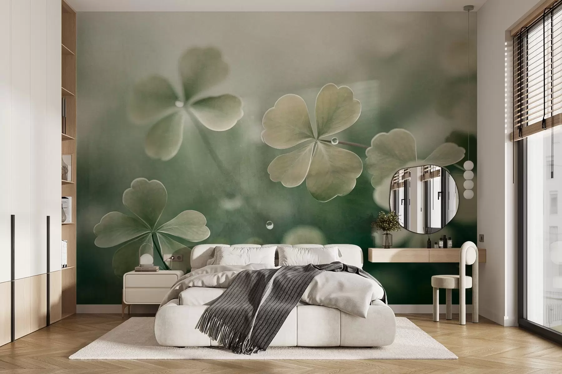 Fototapety Štvorlístok s kvapkami vody, svetlozelená farba, mäkké zaostrenie, rozmazané pozadie, textúrovaná tlač w09376 - Uwalls.sk Fototapety Štvorlístok s kvapkami vody, svetlozelená farba, mäkké zaostrenie, rozmazané pozadie, textúrovaná tlač w09376