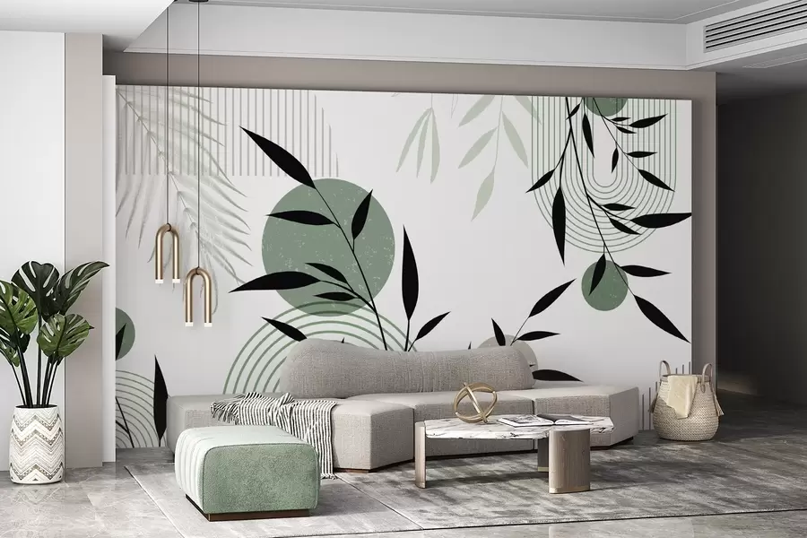 Fototapety Textúrovaná abstraktná tlač s geometrickými tvarmi, kruhmi a oblúkmi a čiernymi a zelenými rastlinami na bielom pozadí w09384