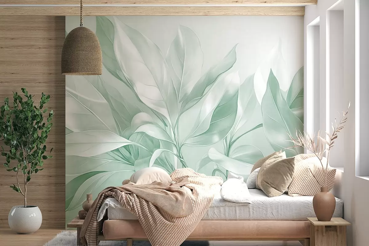 Fototapety Listy magnólie s bielymi a zelenými tónmi, mäkké osvetlenie, elegantná kompozícia, detailné žilky listov, umelecké ťahy štetcom w09385v1
