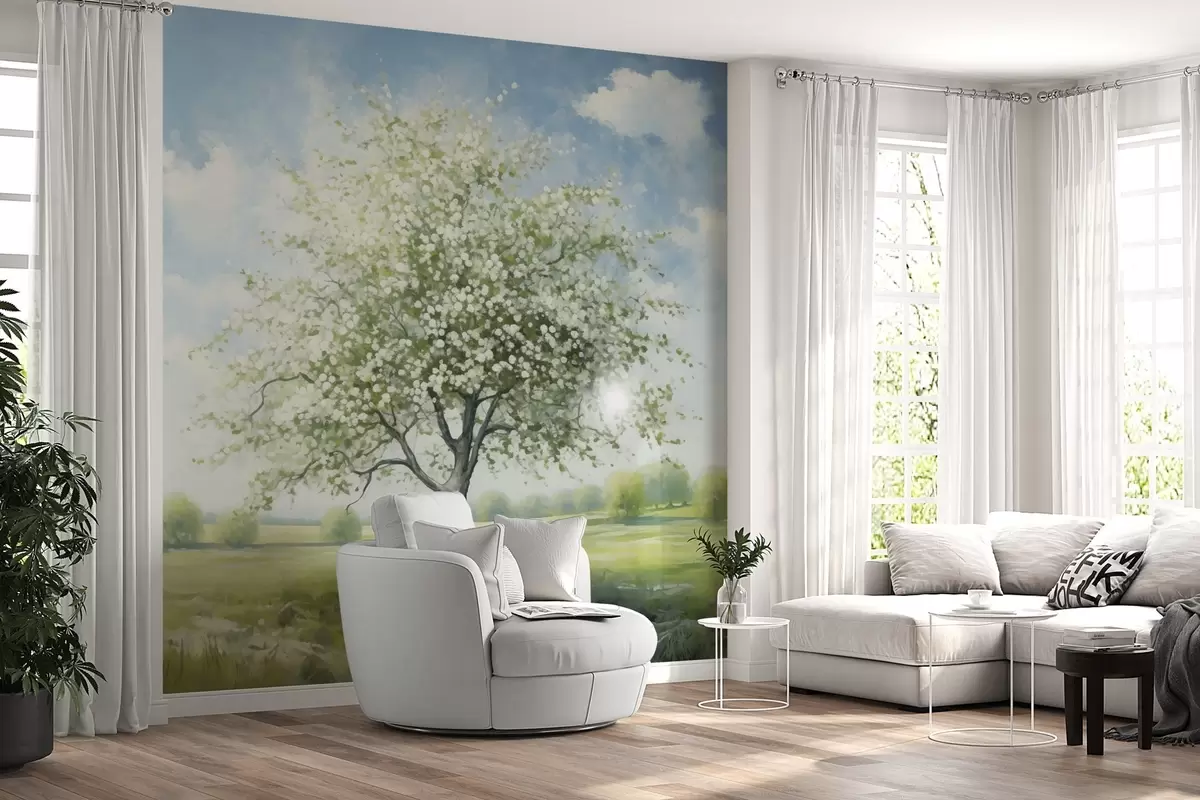 Fototapety Osamelý strom v poli s bielymi kvetmi w04445