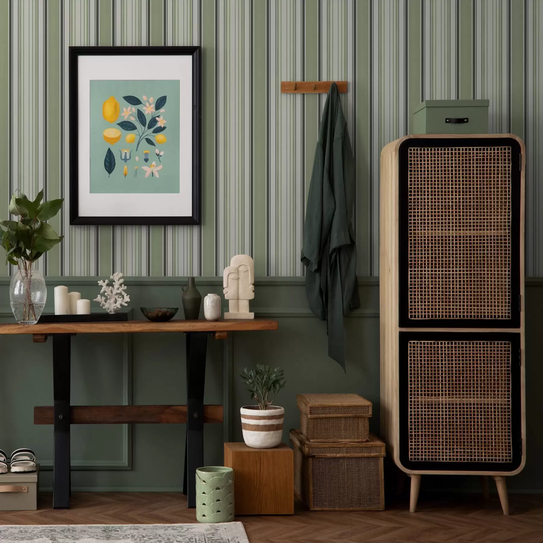 Fototapety Krémové pozadie so zmesou zelených a čiernych pruhov a00563