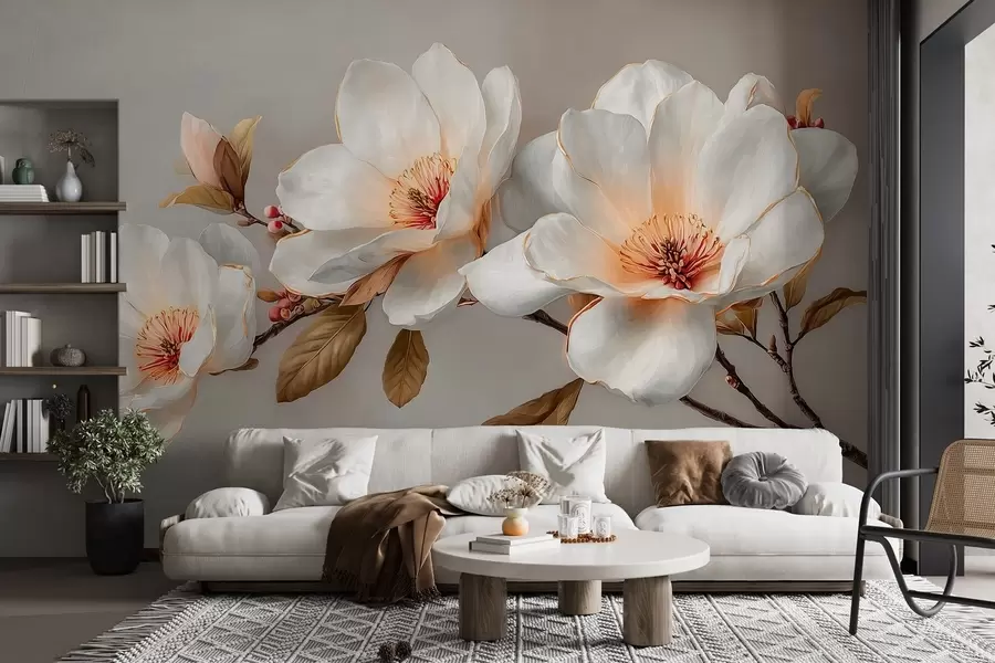 Fototapety Jemné kvety na vetve v pastelových tónoch s oranžovými stredmi w09299