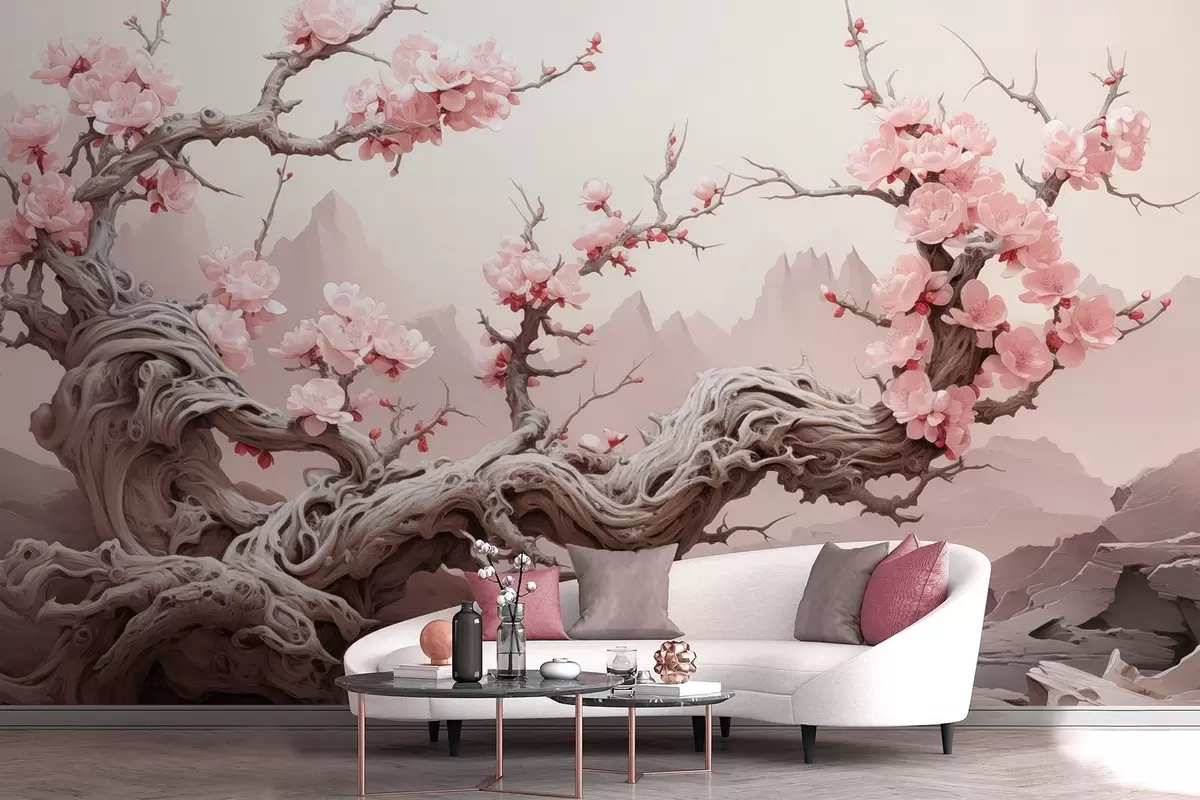 Fototapety Pokrútený kmeň stromu s kvitnúcou ružovou sakurou w09388