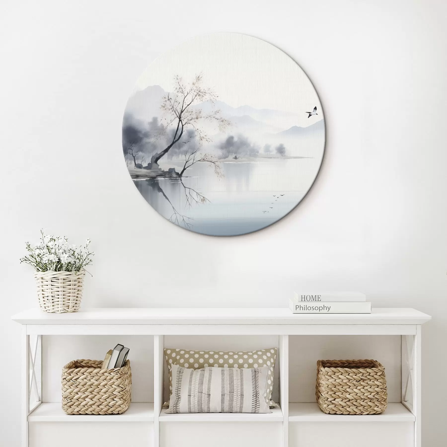 Obraz Hmlistá krajina so stromom, horami a vtákmi r45518