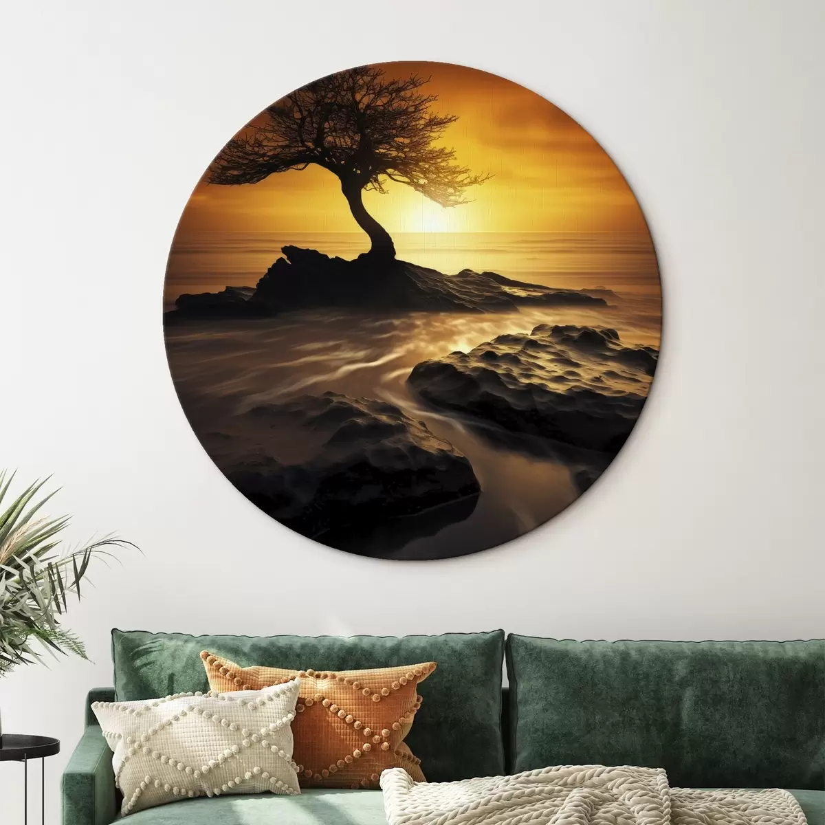 Okrúhle obrazy Osamelý strom na útese pri západe slnka r45524